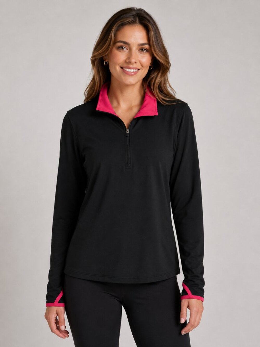Danskin Now Women’s XXL 2X Quarter Zip Performance Top Black Pink Thumbholes